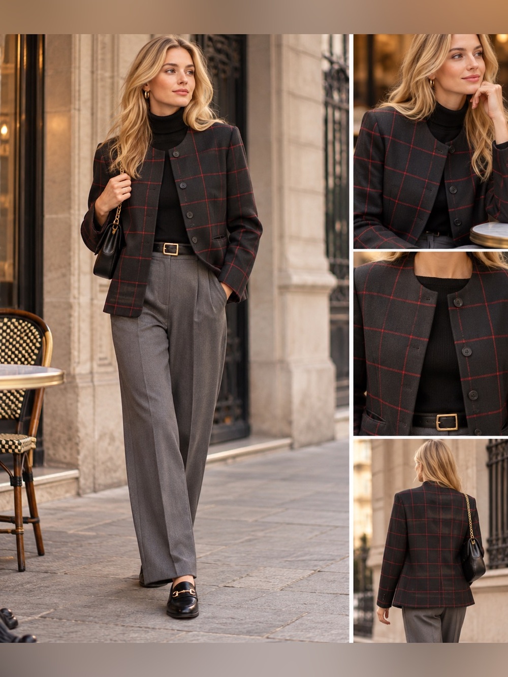 Vintage Robichaud Women's Black Plaid Cropped Blazer with Red Windowpane Trim
